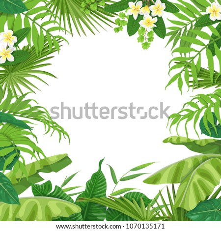 Summer background with green leaves and flowers of tropical plants. Square floral frame with space for text. Tropic rainforest foliage border. Vector flat illustration.