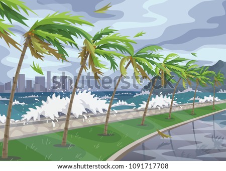 Seaside landscape with storm in ocean, huge waves and palm trees on high wind along coast. Natural disaster hurricane incoming on sea vector flat illustration.