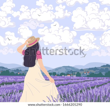 Young woman enjoys the scenery of lavender field. Dreamy girl in straw hat walking among purple flowers. Calm landscape with mountains, floating clouds and flying birds in sky. Vector illustration.