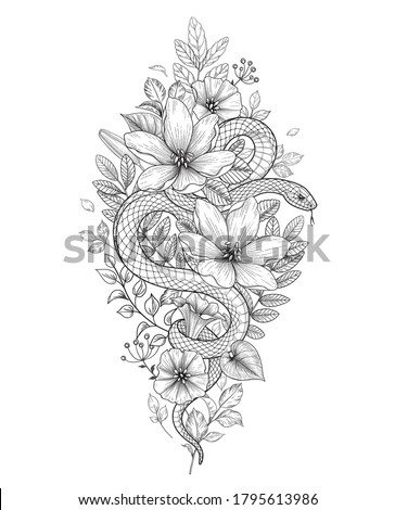 Hand drawn twisted Snake and wild flowers isolated on white. Vector monochrome serpent and wildflowers. Floral vertical illustration in vintage style, t-shirt design, tattoo art, coloring page.