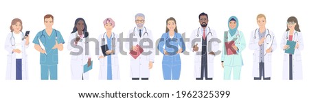 Group of doctors male and female characters. Multiethnic friendly medical workers in white coats isolated on blank background. Healthcare service. Diverse people vector flat cartoon illustration.