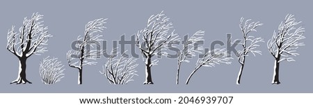 Set of snow covered young and old trees and bushes without leaves isolated on gray. Winter season, hoarfrost plants. Monochrome simple tree and shrub under the snow vector flat illustration.