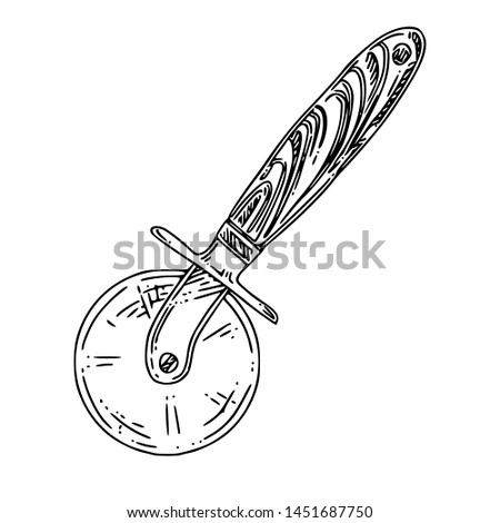 Pizza cutter with wooden handle. Sketch. Engraving style. Vector illustration.