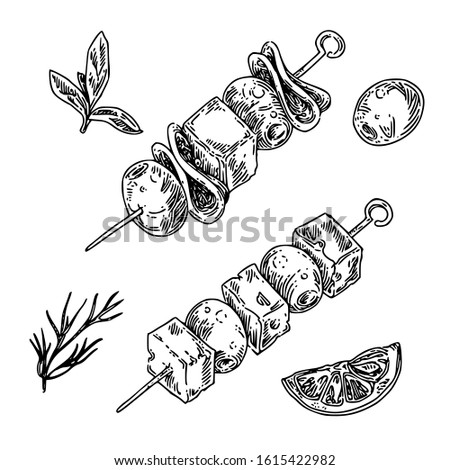 Set. Tapas on stick. Olive and cheese. Sketch. Engraving style. Vector illustration