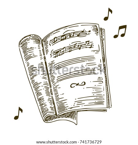 Open music book with notes. Sketch. Isolated on white. Vintage style. Vector illustration.