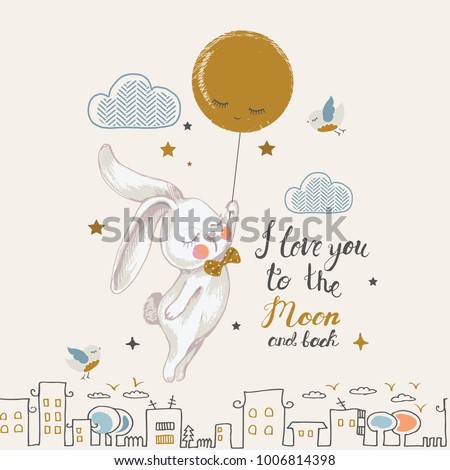 Cute rabbit flying to the moon.cartoon hand drawn vector illustration. Can be used for baby t-shirt print, fashion print design, kids wear, baby shower celebration greeting and invitation card.