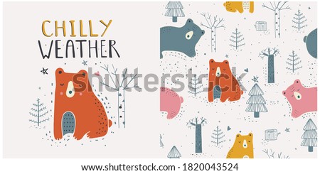 Hand drawn vector illustration of cute white bear with winter forest seamless pattern. Hand drawn vector illustration