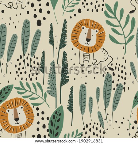 Seamless jungle pattern with funny lions and tropical elements. Hand drawn vector illustration. Creative kids for fabric, wrapping, textile, wallpaper, apparel. Vector illustration