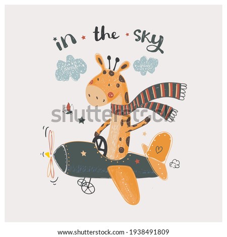 Cute Giraffe flying on a plane cartoon hand drawn vector illustration. Can be used for t-shirt print, kids wear fashion design, baby shower invitation card.