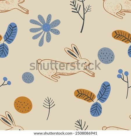 Forest Seamless pattern with rabbit. Hand drawn vector illustration. 