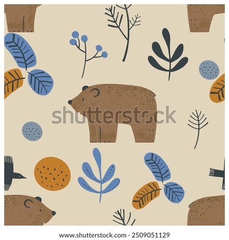 Forest Seamless pattern with Bear. Hand drawn vector illustration. 