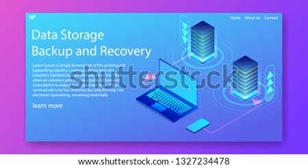 Isometric data storage, Backup and recovery with laptop and smartphone concept.Web template design.vector illustration.