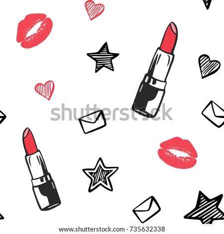 Vector red and black fashion seamless pattern. Hand drawn fashion illustration with lipstick, lips, stars and others. Objects isolated on white. Beauty illustration