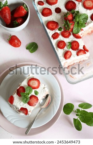 Similar – Image, Stock Photo Strawberries tiramisu on a field of daisies in spring