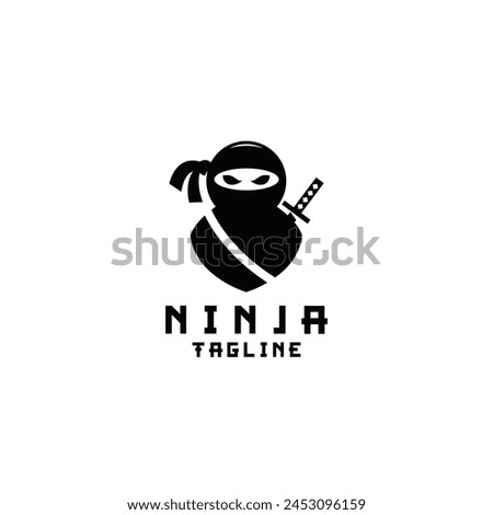 A Ninja warrior with a mask and sword behind him Logo Design Symbol Template Flat Style Vector Illustration