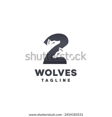 Two heads of wolves as a negative space in the number 2 Logo Icon Design Symbol Template Flat Style Vector