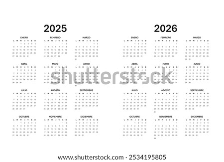 Spanish Calendar for 2025-2026. Scheduler, agenda or diary template. Week starts on Monday.