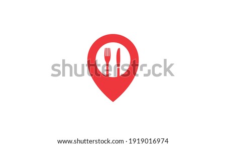restaurant knife and fork with map pin location red logo design vector icon symbol illustration