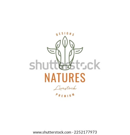 head cows livestock cattle leaves food good meat lines art style hipster vintage minimal logo design vector icon illustration template