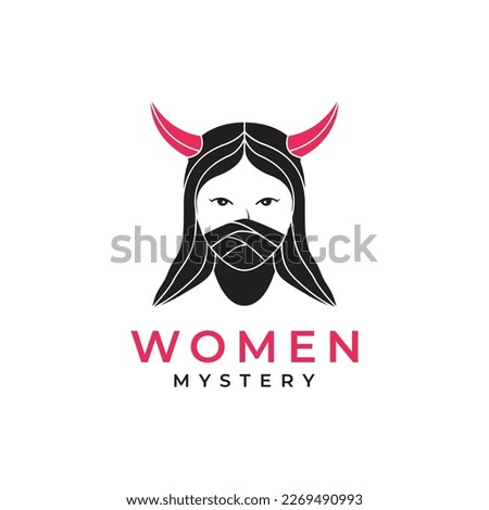 horned women mystery long hair mask beauty logo design icon vector illustration