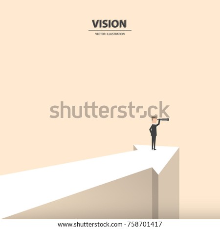 A businessman with monocular looking forward on the progressive arrow. Business concept of leadership, vision, mission or ambitions. Vector illustration.