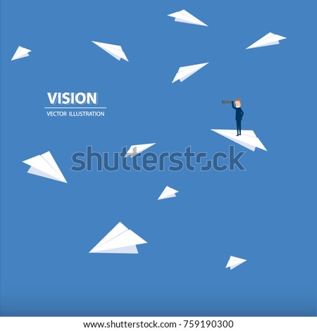 Businessman with monocular on a paper rocket. Business concept of leadership, vision, mission or ambitions. Vector illustration.