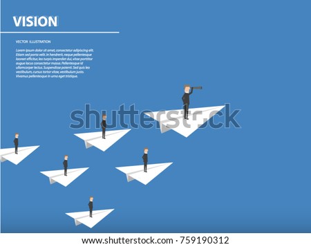 Businessman with monocular on a paper rocket. Business concept of leadership, vision, mission or ambitions. Vector illustration.