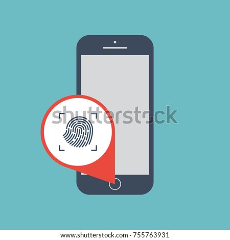 Fingerprint area on phone. Zoom in fingerprint reader on button of phone. Location of fingerprint sensor. Flat design technical security concept. ストックフォト © 