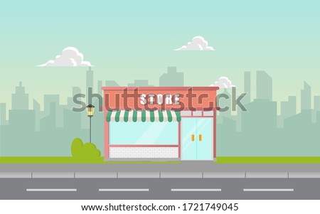 Storefront in city vector illustration, restaurant cafe or store building on town street landscape, flat cartoon style shop facade front view.