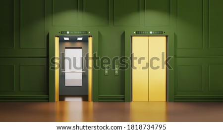 Modern interior with two Golden lift doors. Office hallway with open and closed elevator cabins. Chrome metal hotel building elevator doors. Vector realistic Illustration of lift door, panel metal