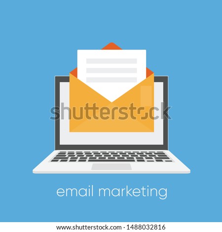 Laptop with Email marketing banner with envelopes on the back. Vector illustration EPS10.