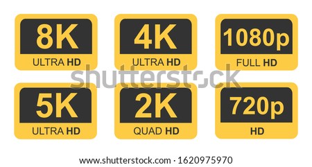 Golden 8K, 4K, 5k Ultra HD Video Resolution Icon Logo; High Definition TV / Game Screen monitor display Label