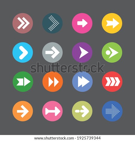 Arrow sign icon set. Simple circle shape internet button on grey background. Contemporary style. Vector illustration