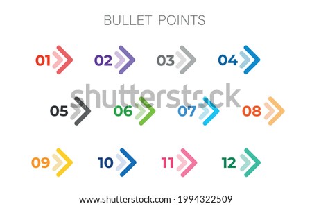 Colourful arrows set isolated. Direction number bullet points from one to twelve.