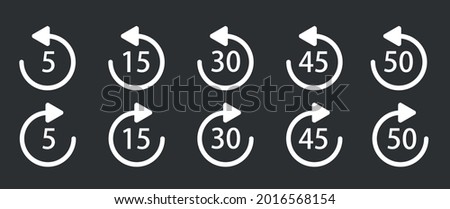 WebRepeat 5, 15, 30, 45 seconds simple vector icons on black. Replay icon for application and web or Media player.