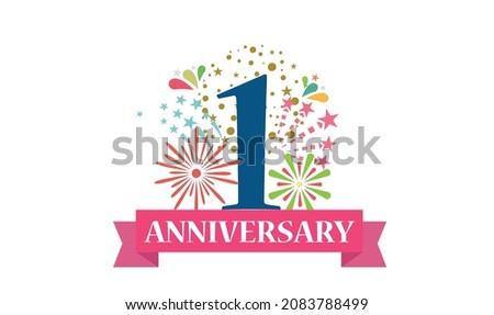 1 st year anniversary banner with open burst gift box. Template first birthday celebration and abstract text on white background illustration