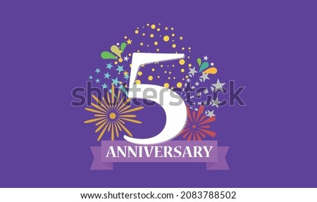 5 year anniversary banner with open burst gift box. Template first birthday celebration and abstract text on purple background illustration