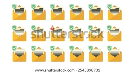 Multiple icons of open envelopes with attached documents, featuring checkmarks and warning symbols.