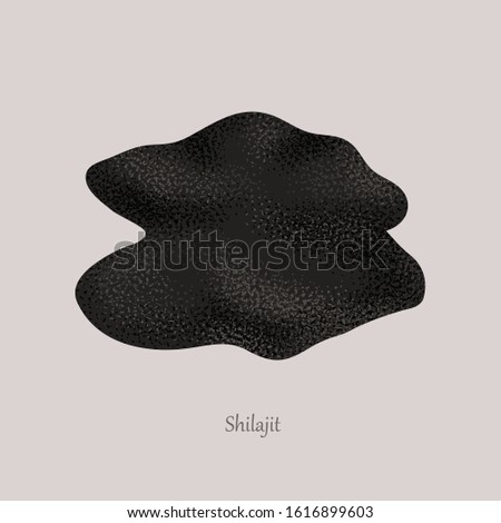 Shilajit or mumijo organic mineral product. Black mineral on a gray background and logo.
