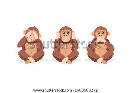 Three cartoon monkey sitting with closed eyes, mouth and ears isolated on white background. Colorful blind, deaf and mute wild animal vector graphic illustration. Concept of no see, hear, speak evil