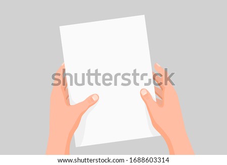 Cartoon human hands hold clear paper sheet template vector graphic illustration. Colored male arms with white empty blank page document isolated on gray background. Concept of advertisement design