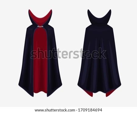 Realistic colorful dracula cape vector graphic illustration. Black and red color vampire carnival costume front and back view isolated on white background. Carnival clothes, masquerade fancy dress