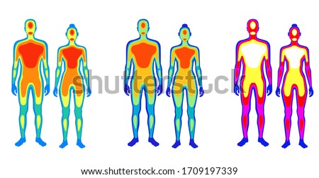 Set of cartoon body warmth thermogram man and woman vector flat illustration. Collection of couple infrared thermography isolated on white. Temperature torso area of bright spectrum human