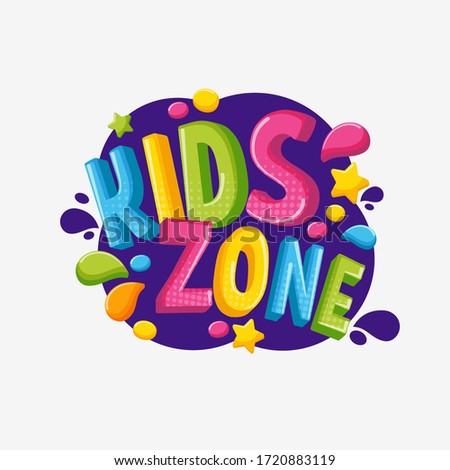 Cartoon colorful 3d logo kids zone isolated on white background. Bright bubble multicolored letters to children playroom or area decorating vector graphic illustration. Inscription of baby playground