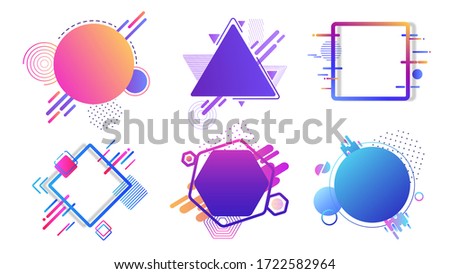 Colored banners different geometric shapes. Abstract graphic images hexagon blue circle, purple triangle, pink square with vector template lines clipart running along them.