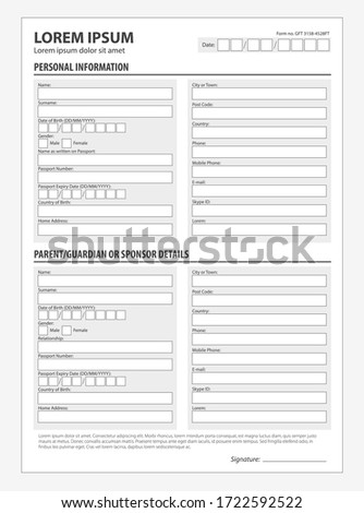 Standard clean application form. Document template admission of a foreigner traveling abroad, application vector for filling out passports, immigrant visas.