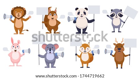 Promoters animals with blank banner. Happy cartoon animals with speech bubble lion deer fox are holding megaphone blank poster template serious koala squirrel hare are reporting important vector news.