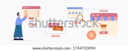 Online buyer journey selection, product order illustration. Online shopping concept woman searches for right product reads reviews looks at sellers star vector rating makes flat order to basket.
