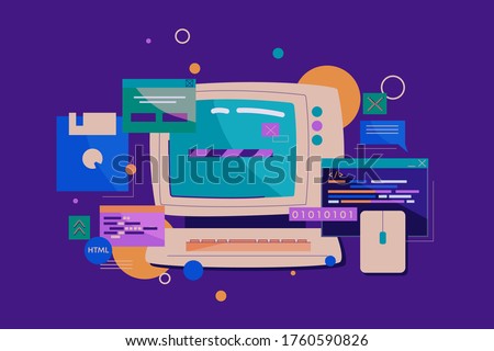 Programming on retro computer. Old pc with convex monitor wheel mouse creating calculations and game programs loading information using floppy disks clipart design outdated vector electronics.