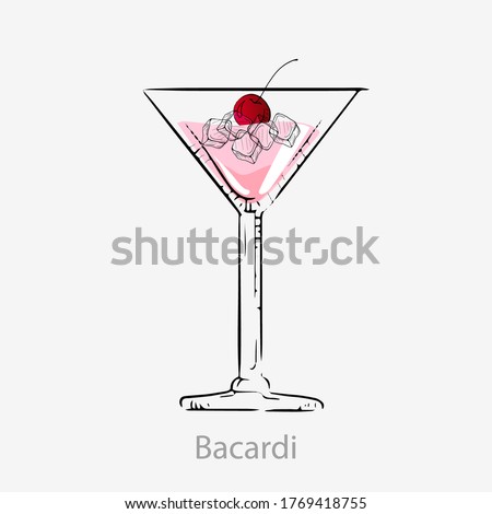 Bacardi cocktail. Cuban aperative cocktail pink alcoholic, sweet bacardi rum grenadine and lemon juice in cocktail glass, category unforgettable invigorating, refreshing served vector cherry.